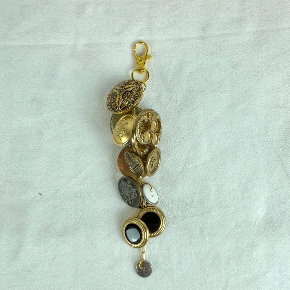 Vintage Ornate Button Bag Charm Gold Tone Cluster Keychain Accessory